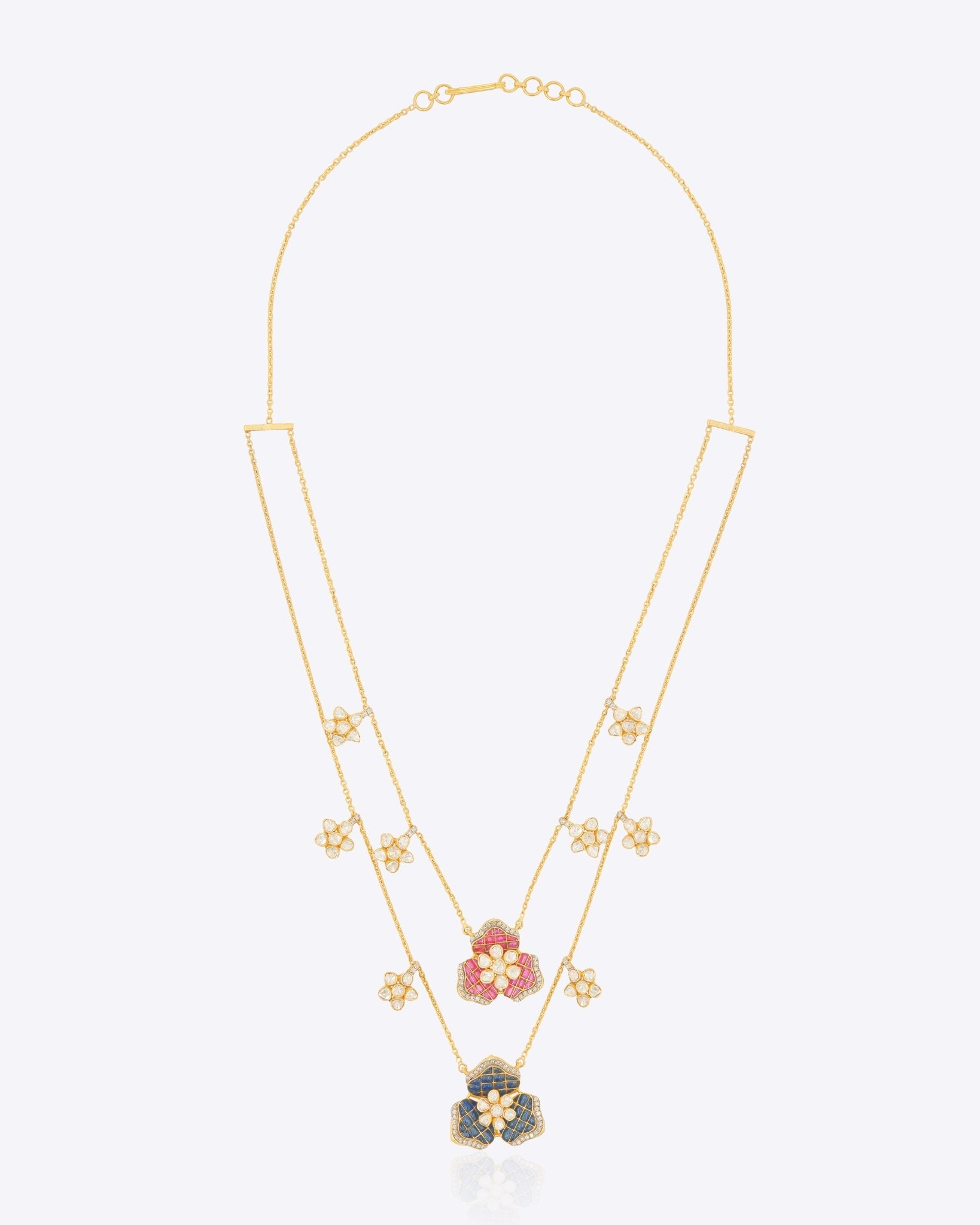 14k gold necklace with Polki floral motifs, pink and blue accents