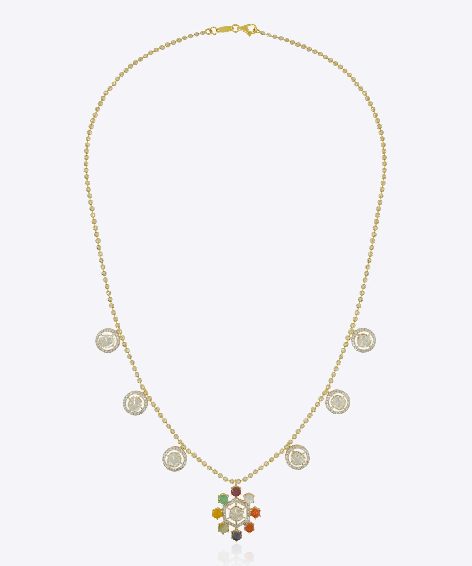 18K gold Navratna Bloom necklace with a radiant bloom and delicate drops.