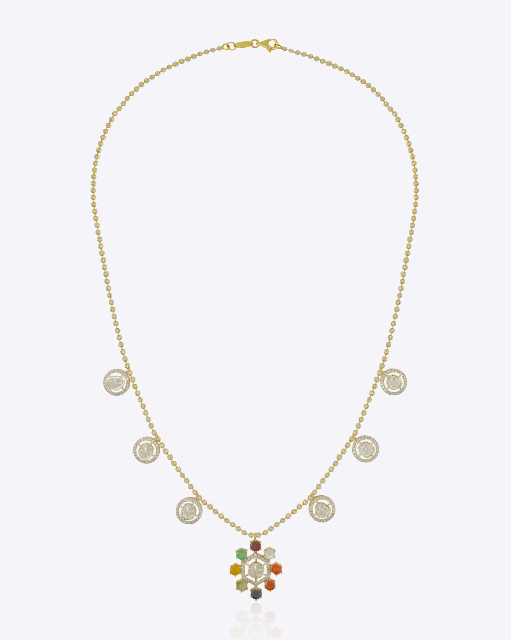 18K gold Navratna Bloom necklace with a radiant bloom and delicate drops.
