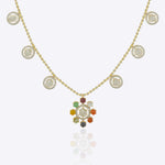 18K gold Navratna Bloom necklace with a radiant bloom and delicate drops.