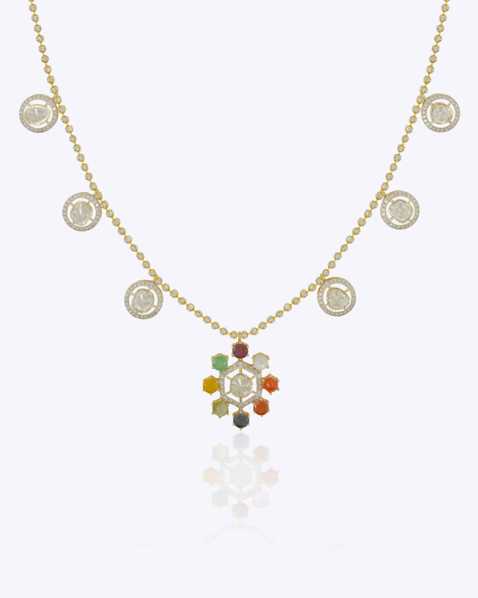 18K gold Navratna Bloom necklace with a radiant bloom and delicate drops.