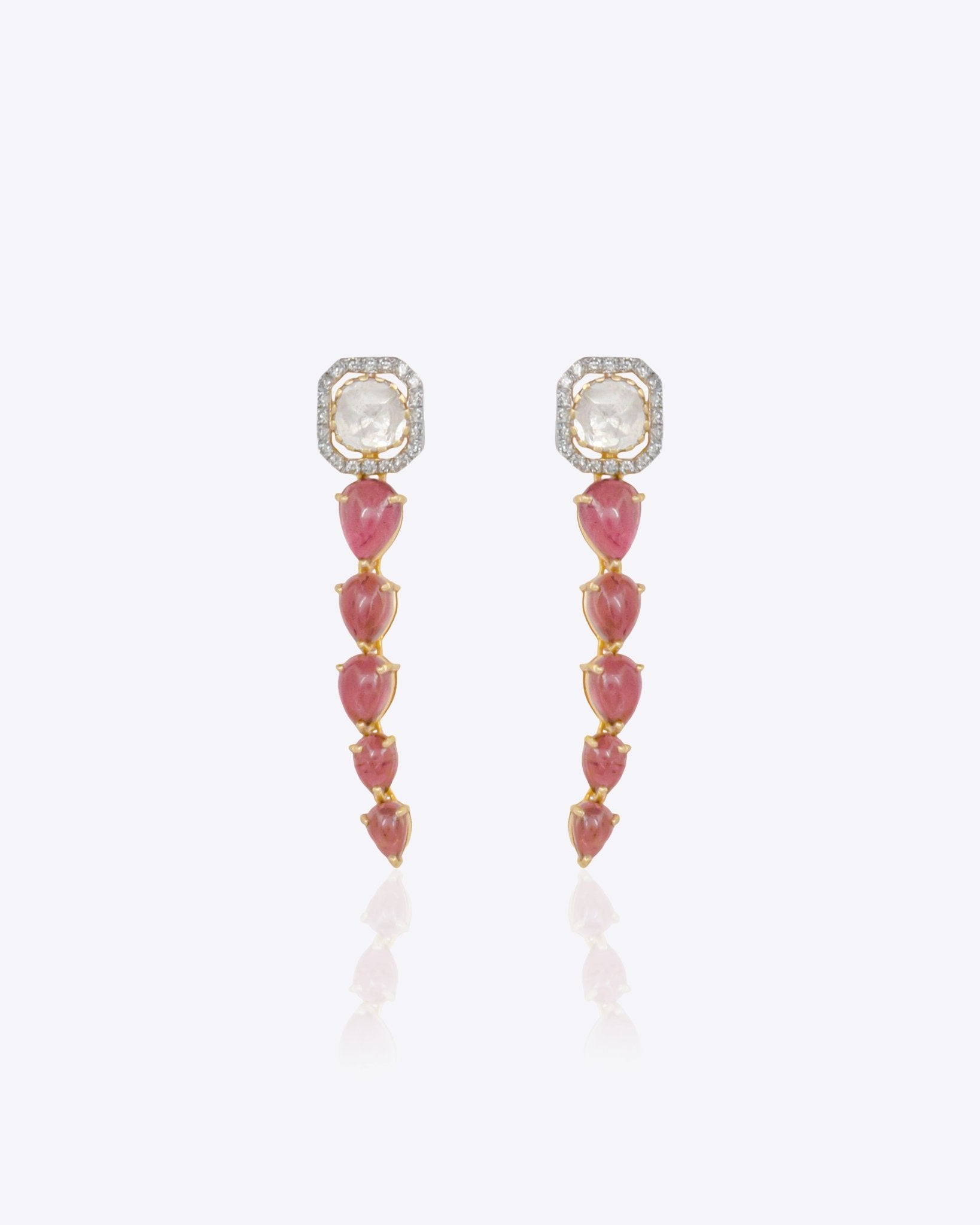 Rose Cascade Earrings in 14k gold with Polki and tourmaline droplets