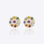 14K gold Navratna Polki diamond ear studs with a vibrant gemstone arrangement.