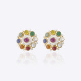 14K gold Navratna Polki diamond ear studs with a vibrant gemstone arrangement.