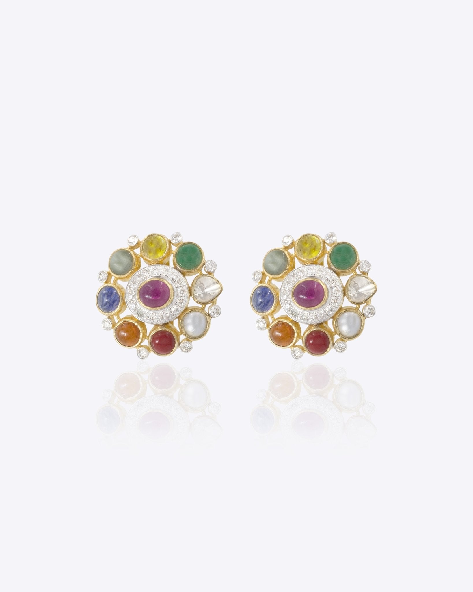 14K gold Navratna Polki diamond ear studs with a vibrant gemstone arrangement.