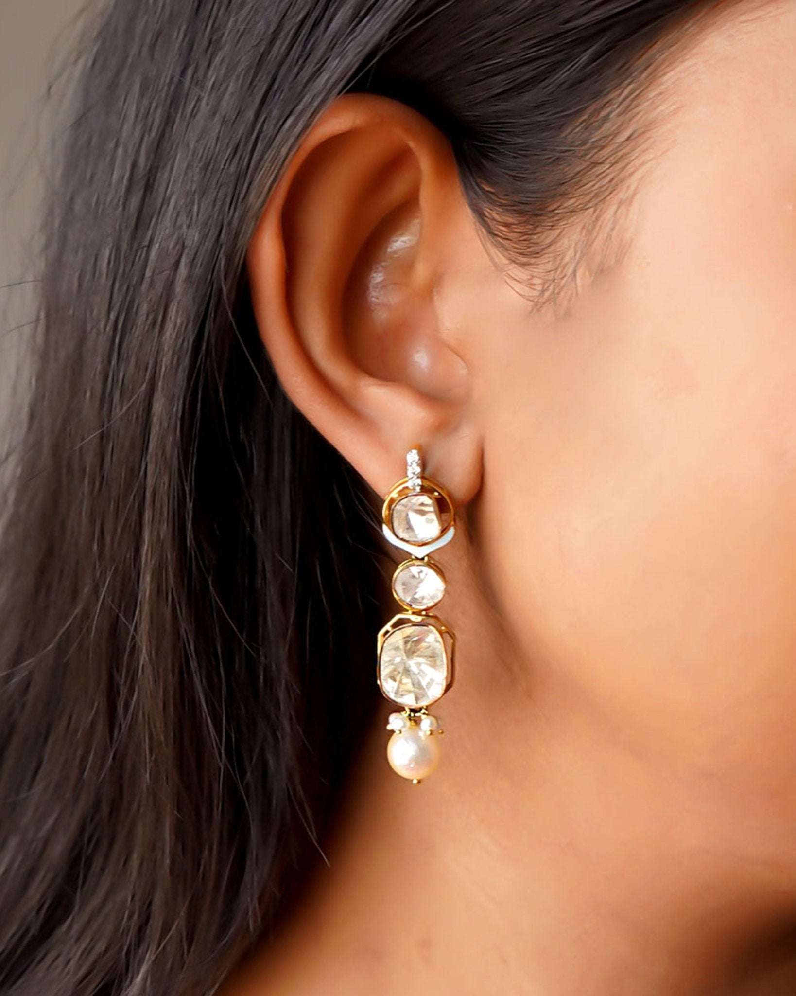 18K gold Pearl & Grace Diamond Polki Earrings with a luminous pearl drop.
