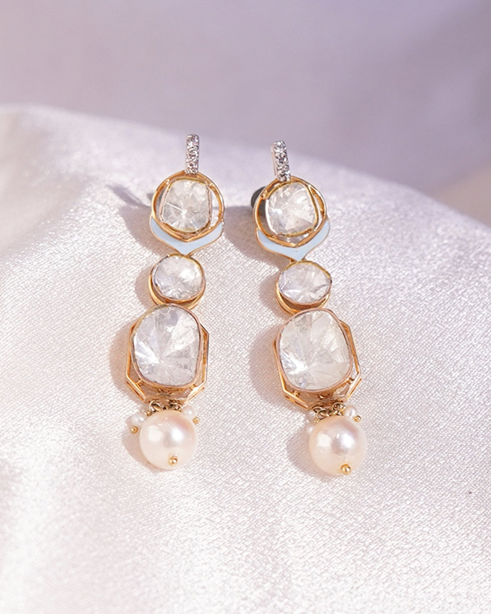 18K gold Pearl & Grace Diamond Polki Earrings with a luminous pearl drop.