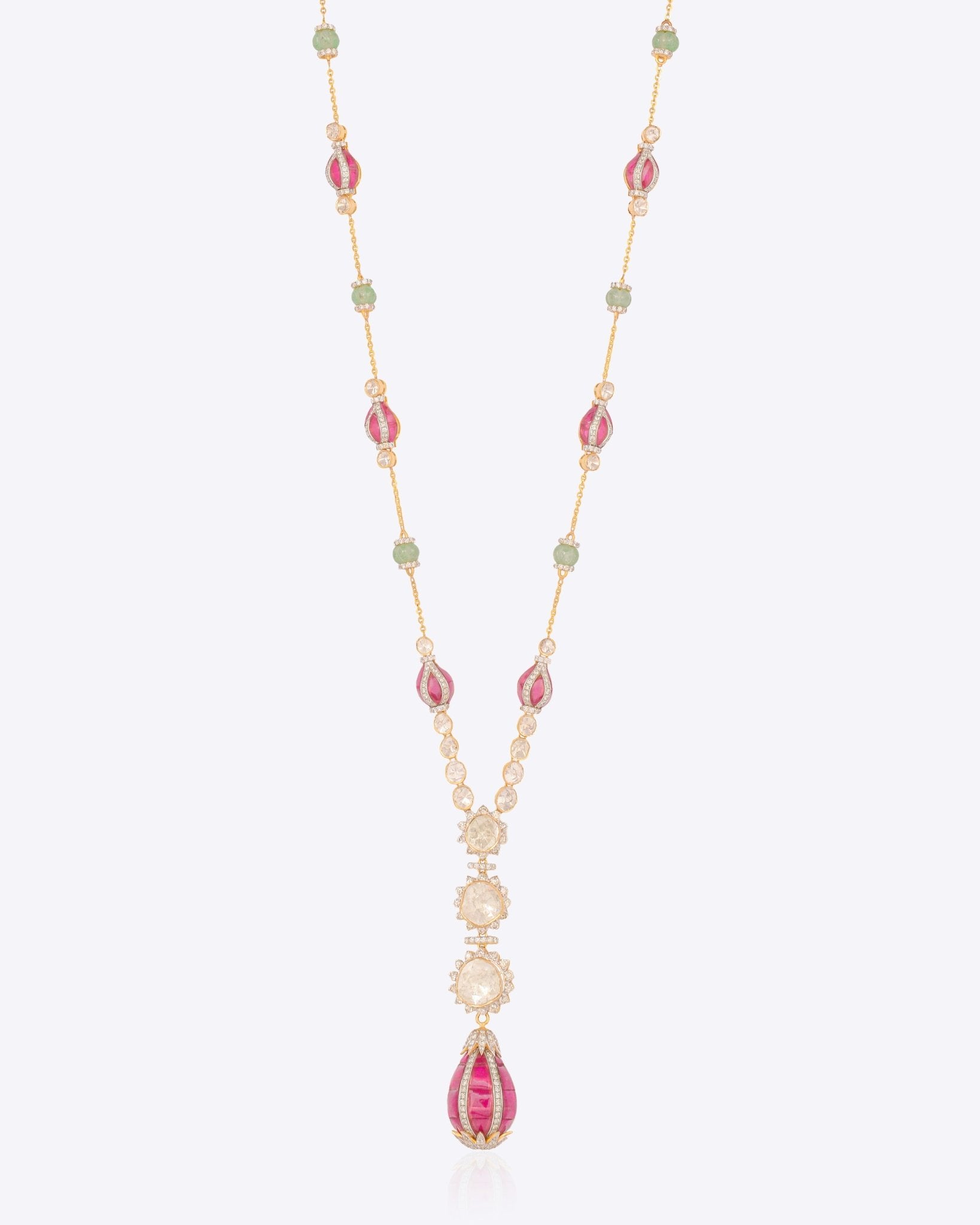 Ruhani Trail Pendant in 18K gold with Polki halos and a sculptural ruby drop