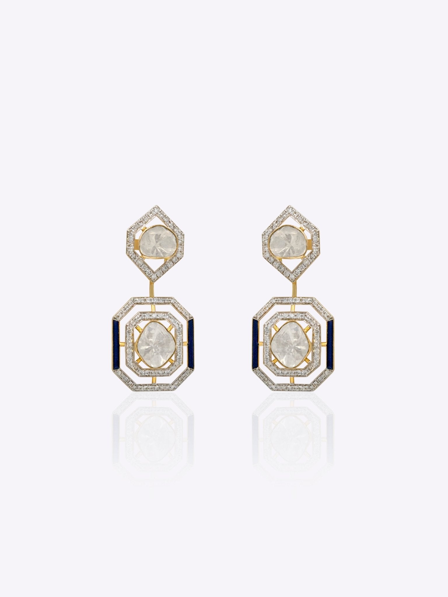 18k gold octagonal earrings with dual-layered geometric Polki diamonds.