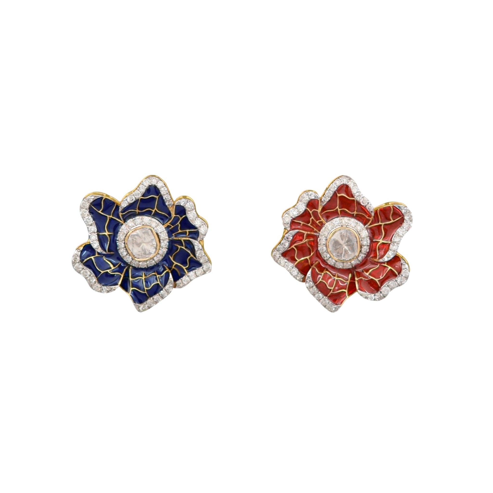 Product shot of Crimson Petal Earrings with petal-shaped stones and delicate kundan-polki framework.