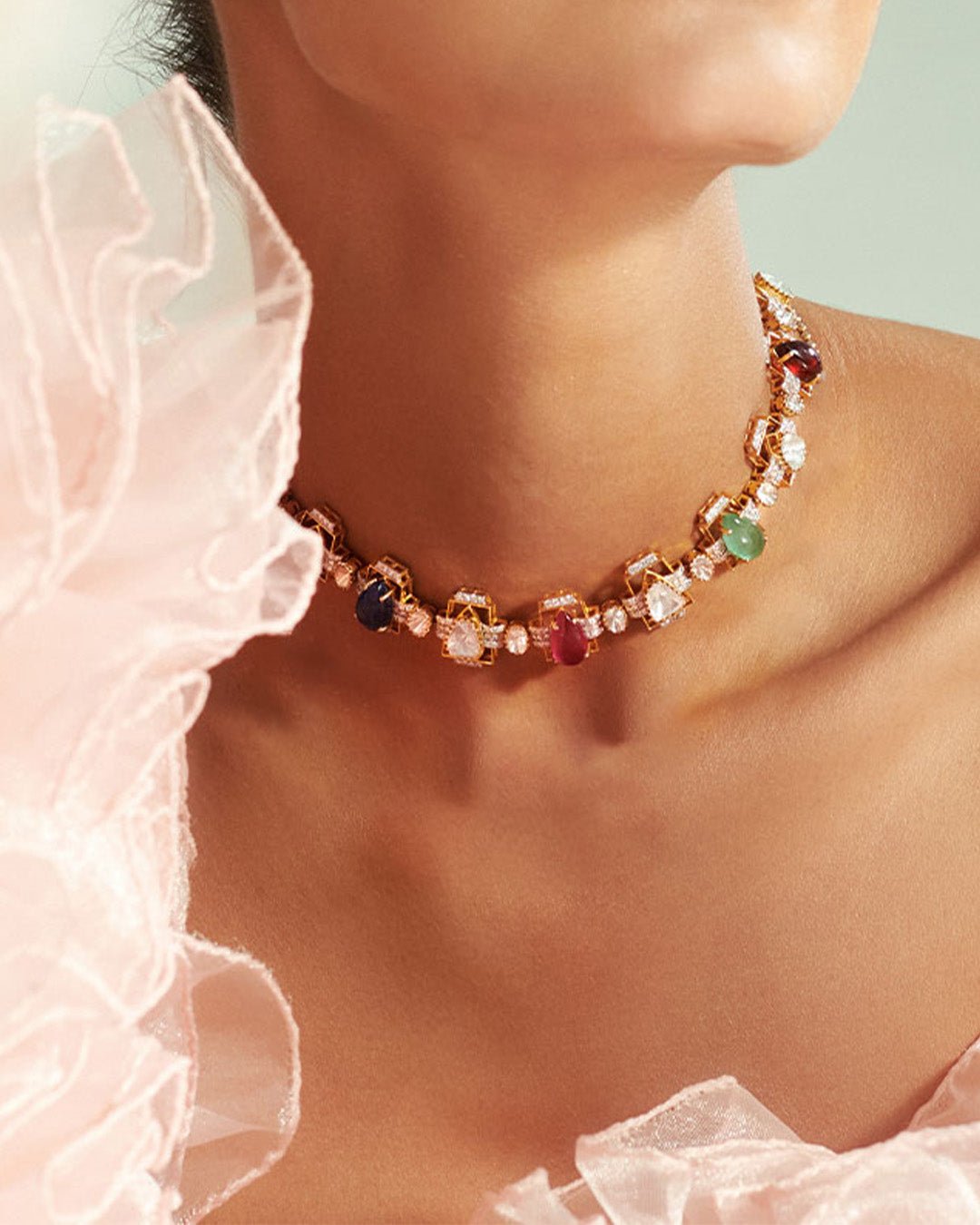 Valentina choker styled on model with bold neckline grace