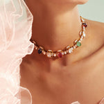 Valentina choker styled on model with bold neckline grace