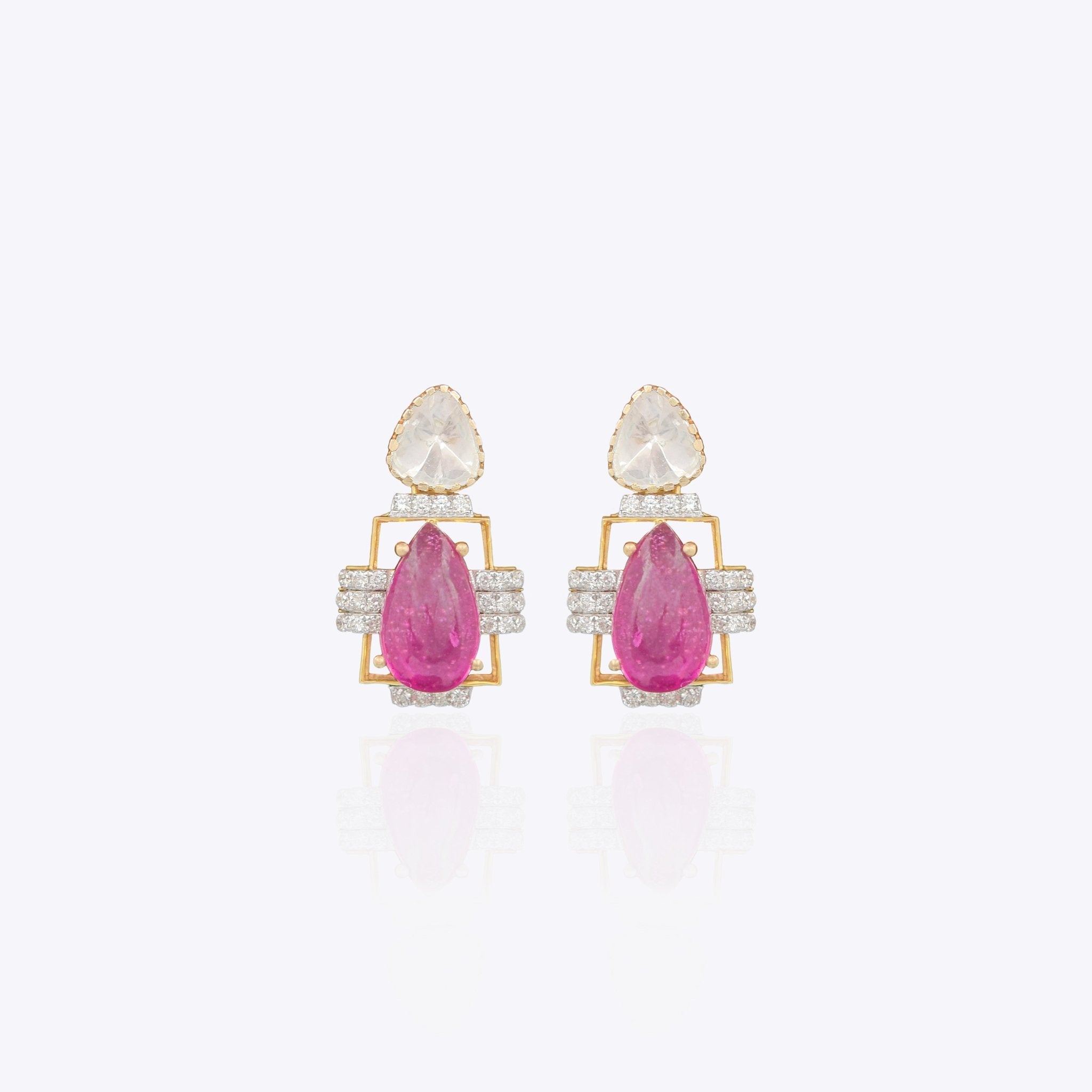 Ruby Frame Earrings | 14k Gold with Polki, Ruby and Diamond Studs ...