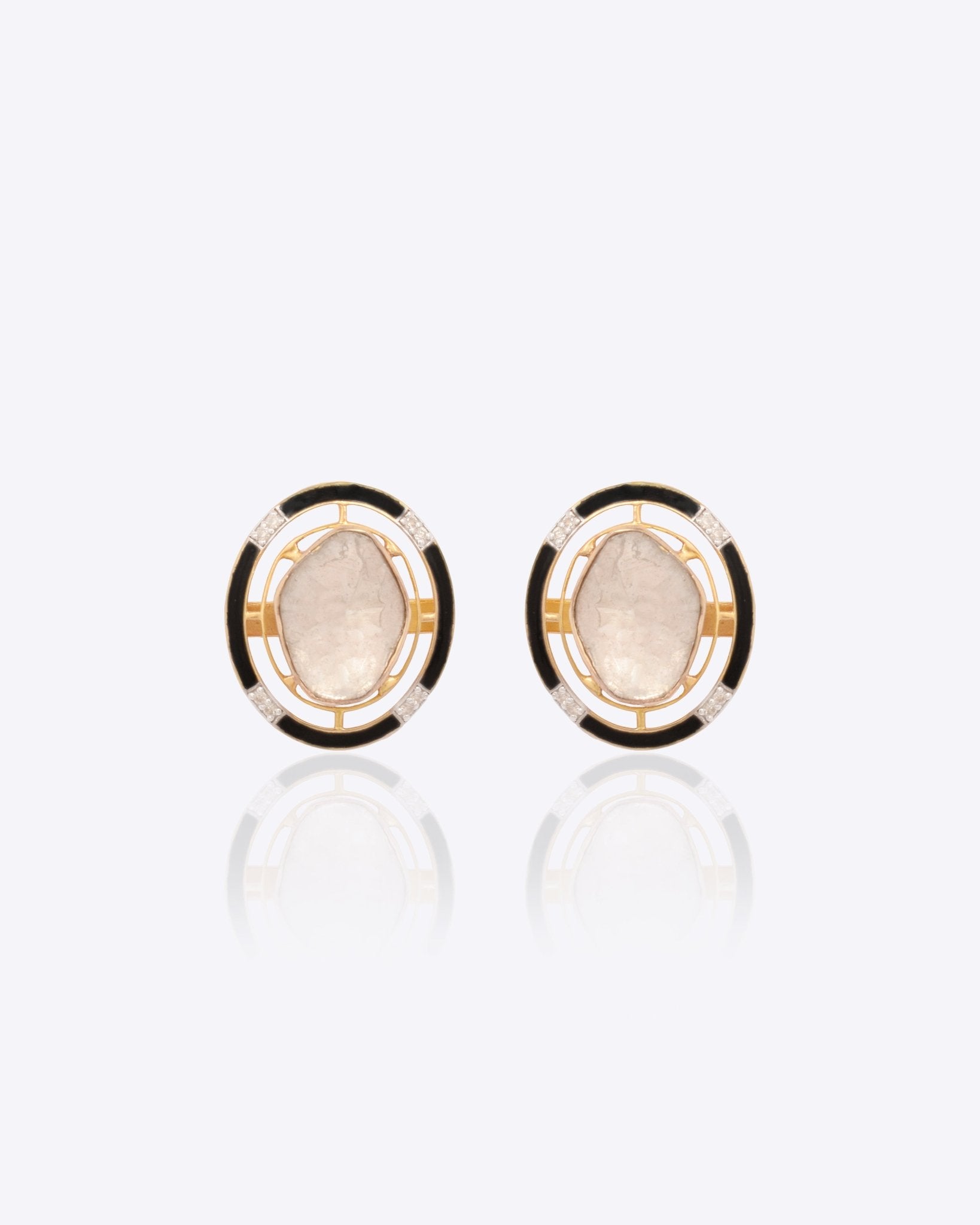 14k gold stud earrings with Polki, black enamel, and diamond accents.