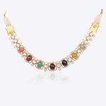 14K gold Navratna Fluttering necklace with vibrant Navratna stones and a Polki border.