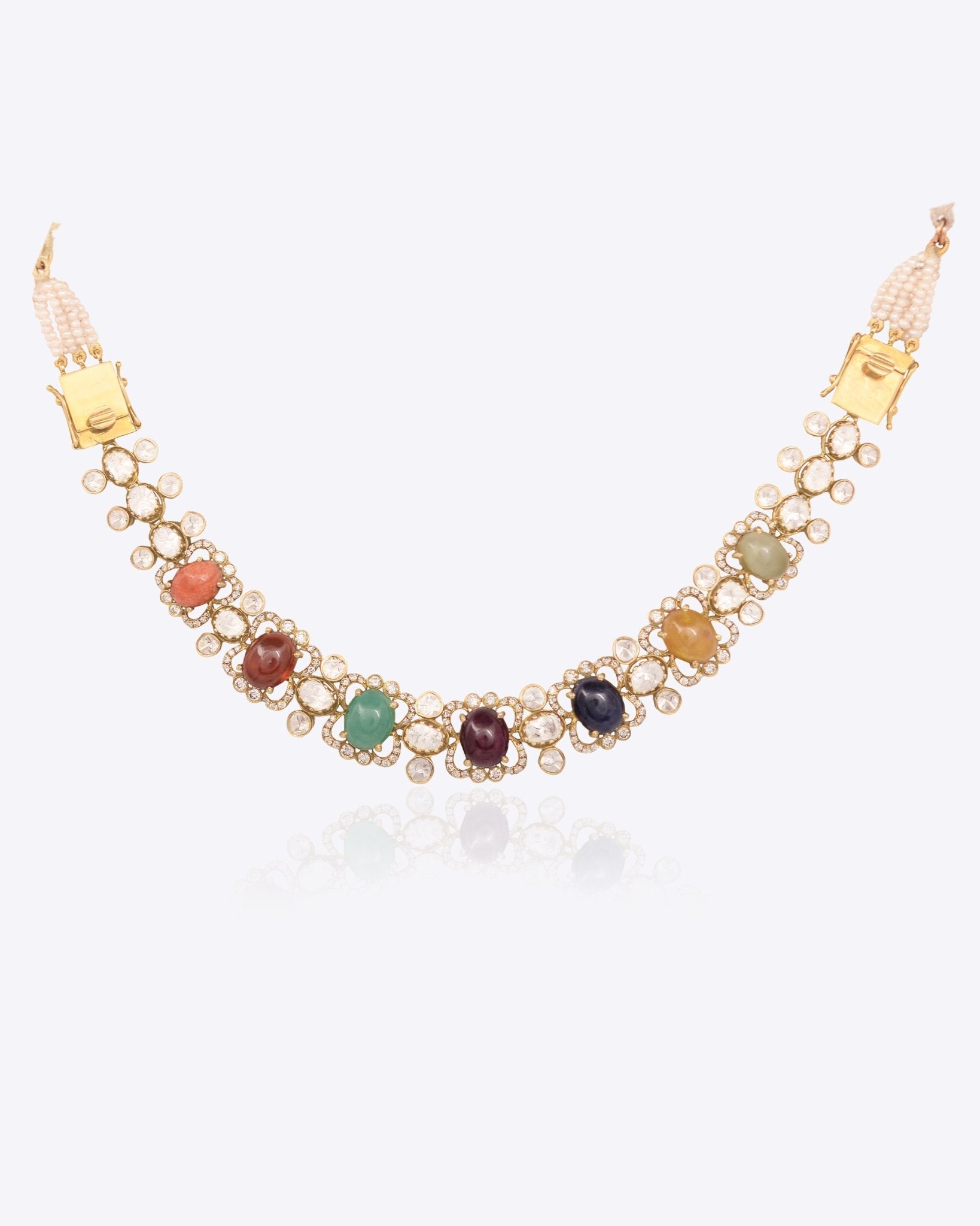 14K gold Navratna Fluttering necklace with vibrant Navratna stones and a Polki border.