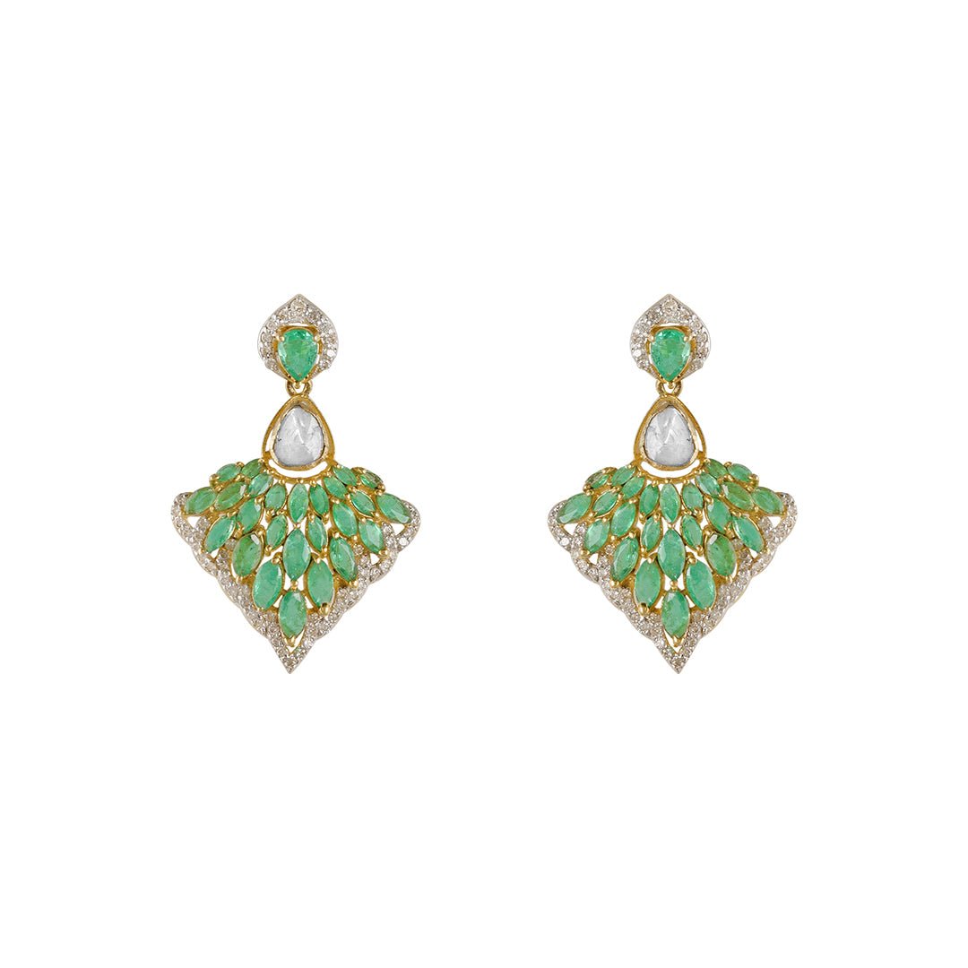 Peacock-inspired Proud Polki Diamond Earrings in 14k gold with green emerald wing drops