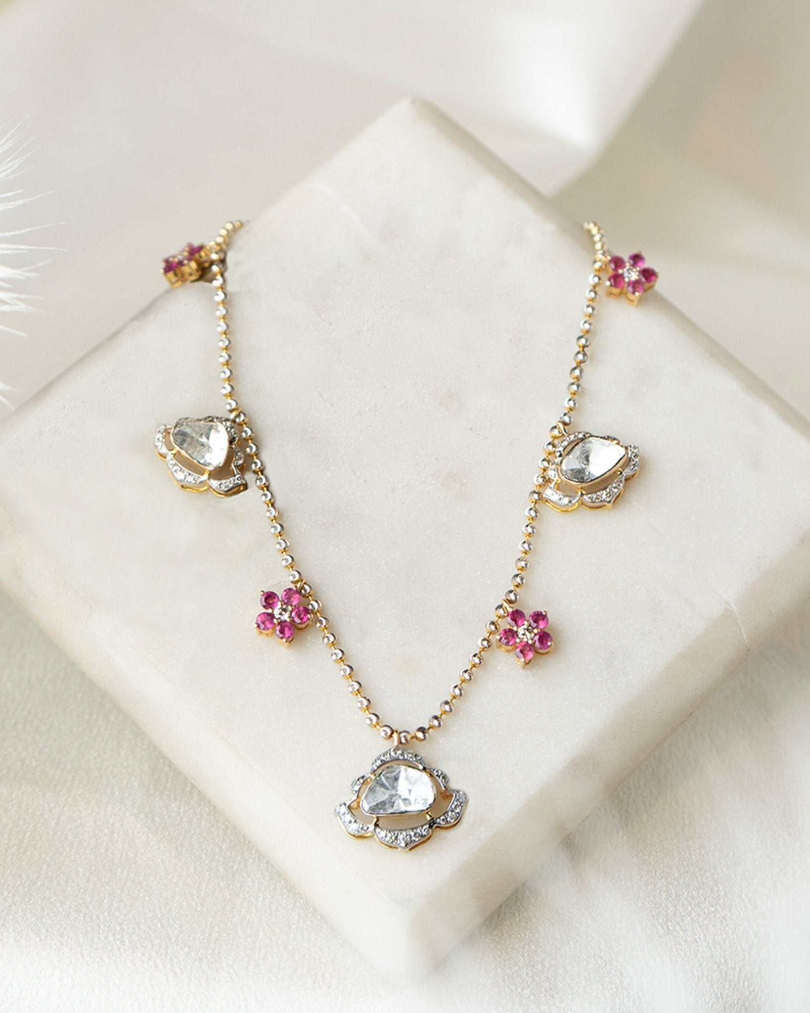 Blush Diamond Polki Necklace in 14k gold with polki sparkle and ruby florals.