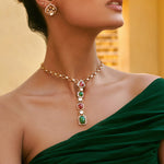 14k gold pendant with pink tourmaline, green aventurine, and Polki diamonds