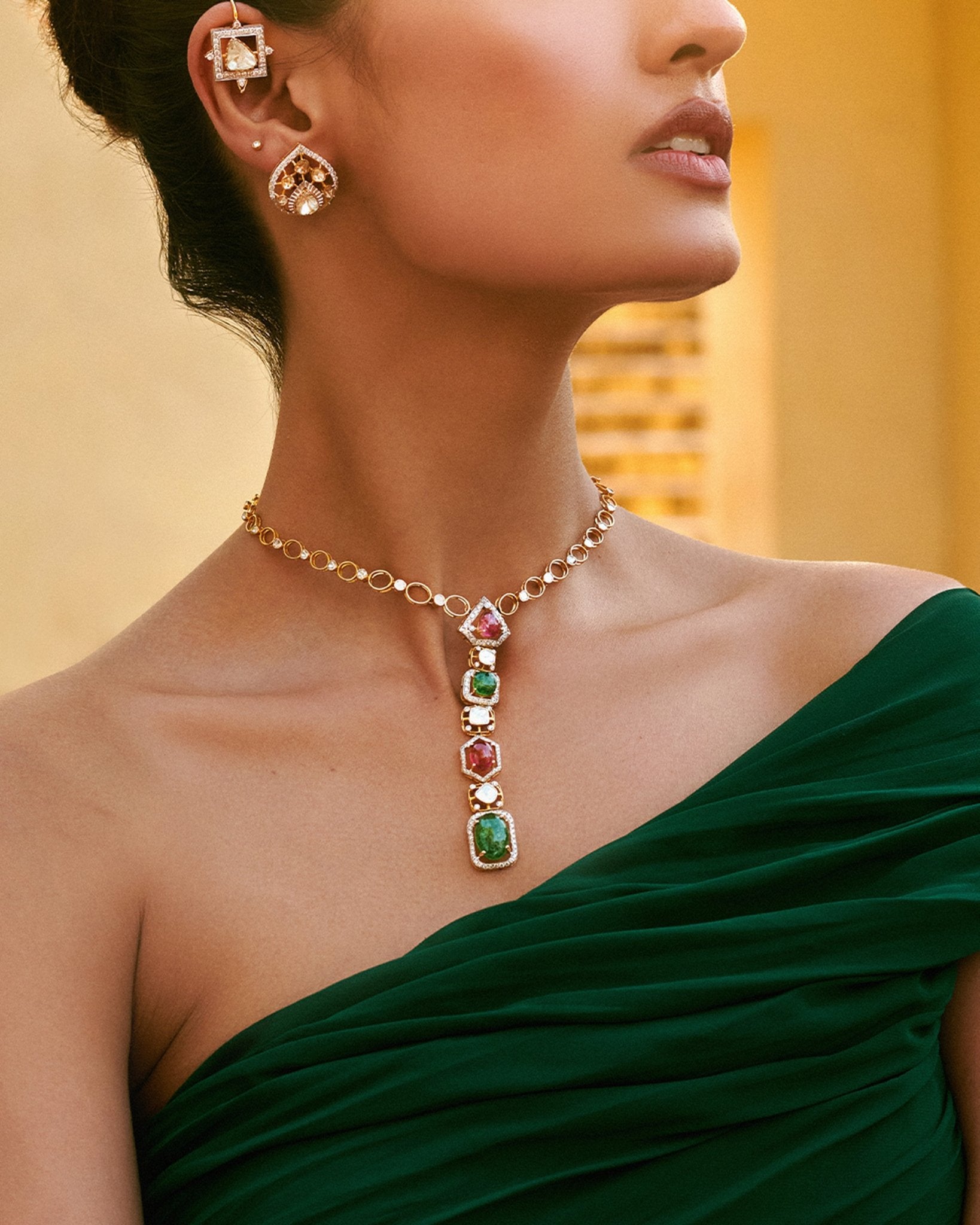 14k gold pendant with pink tourmaline, green aventurine, and Polki diamonds