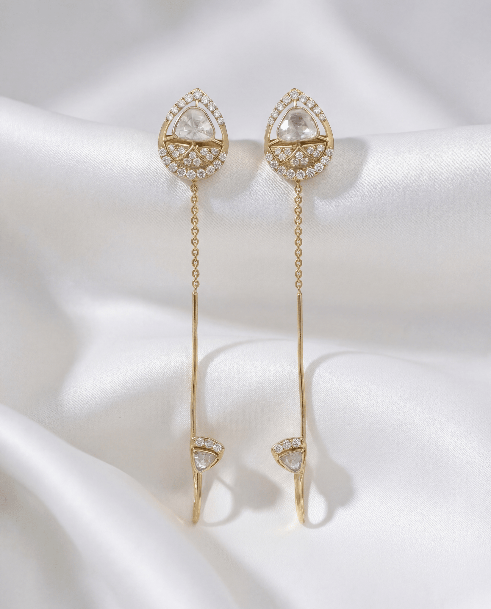 14K gold Cirelle Chain Drop earrings with elegant Polki detailing and delicate moving chains.