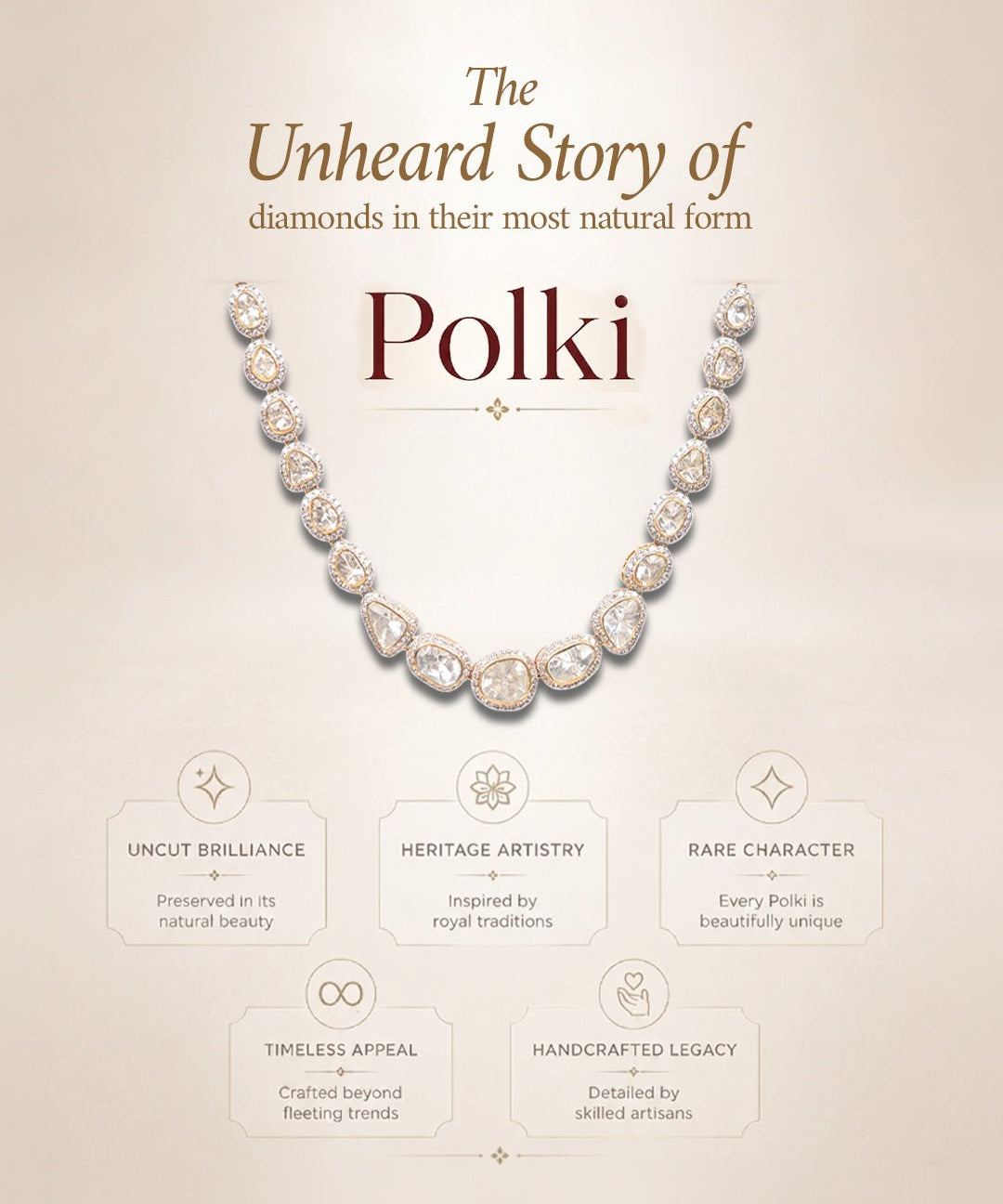 Educational banner explaining the beauty and artistry of Polki diamonds