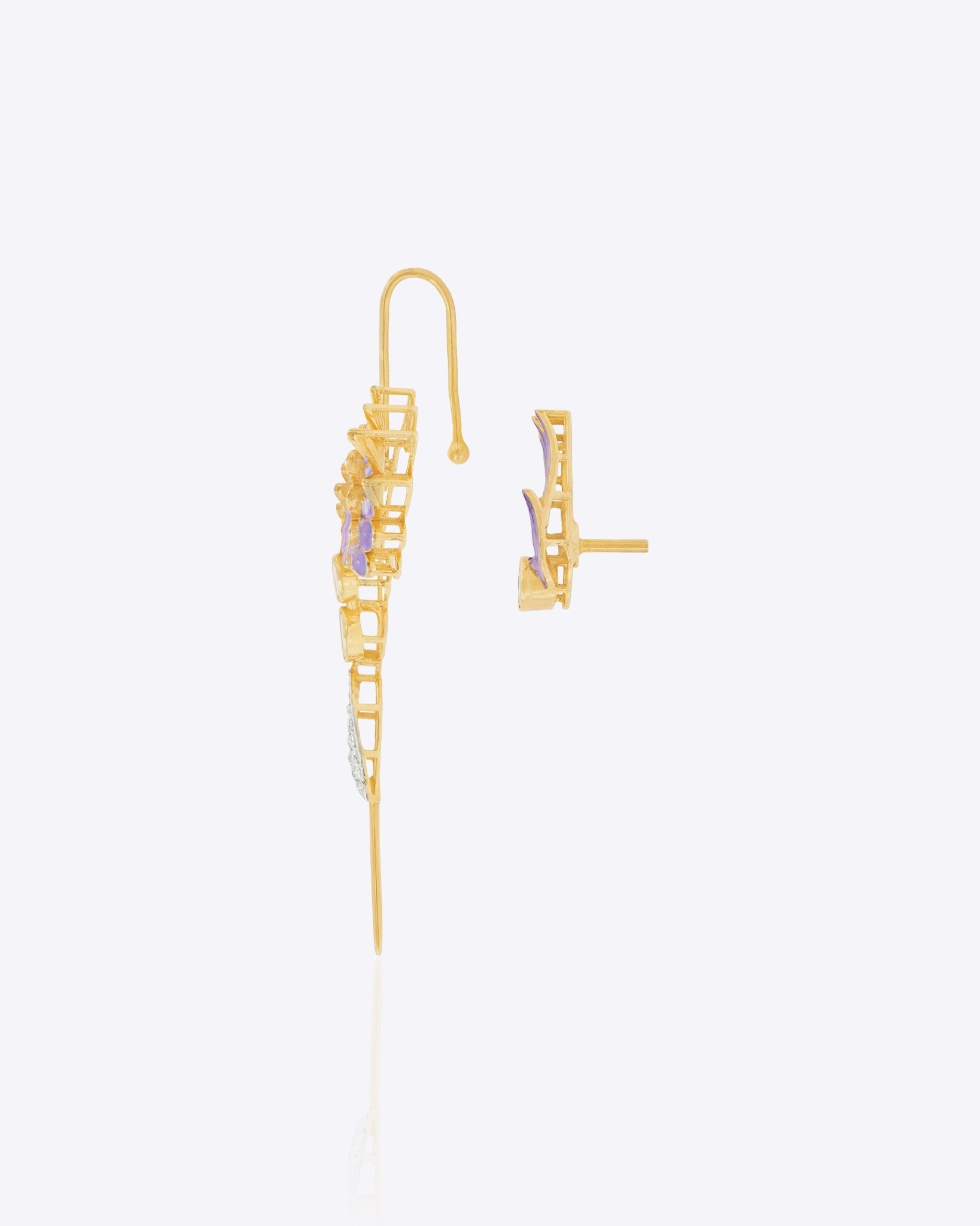 14k gold asymmetrical Polki earring set with a stud and earcuff